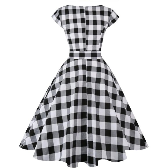 Women Vintage 1950s Dress Retro Cocktail Party Swing Dresses with Cap Sleeves - Picture 3 of 6